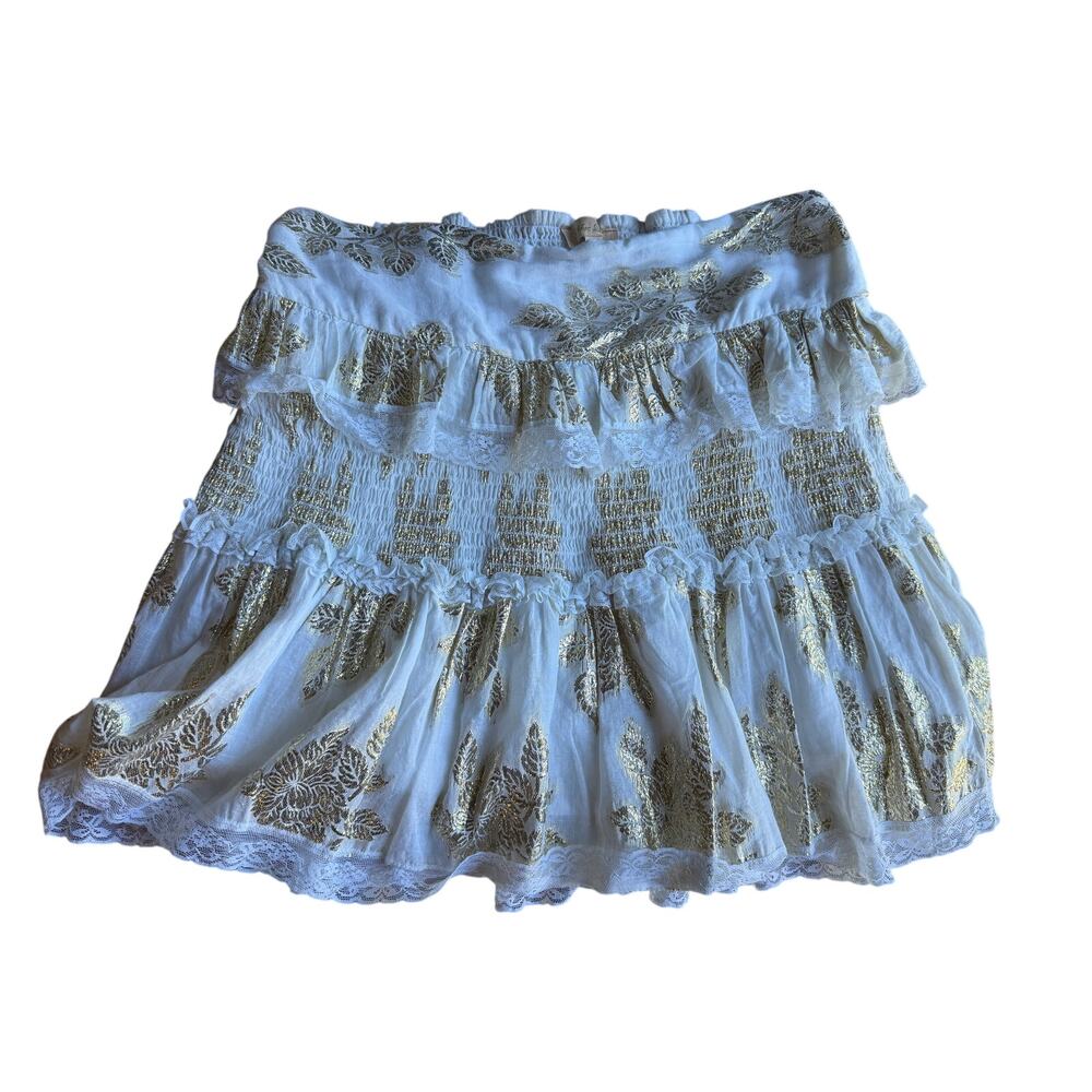 Cotton Mini Skirt Boho White Gold Lurex Smocked Romantic Size L Chloe Laetitia